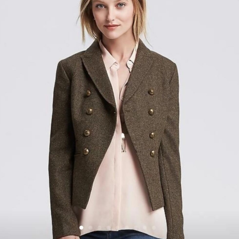 Banana Republic Olive Tweed Lady Jacket Preppy Military Academia Short Blazer 6
